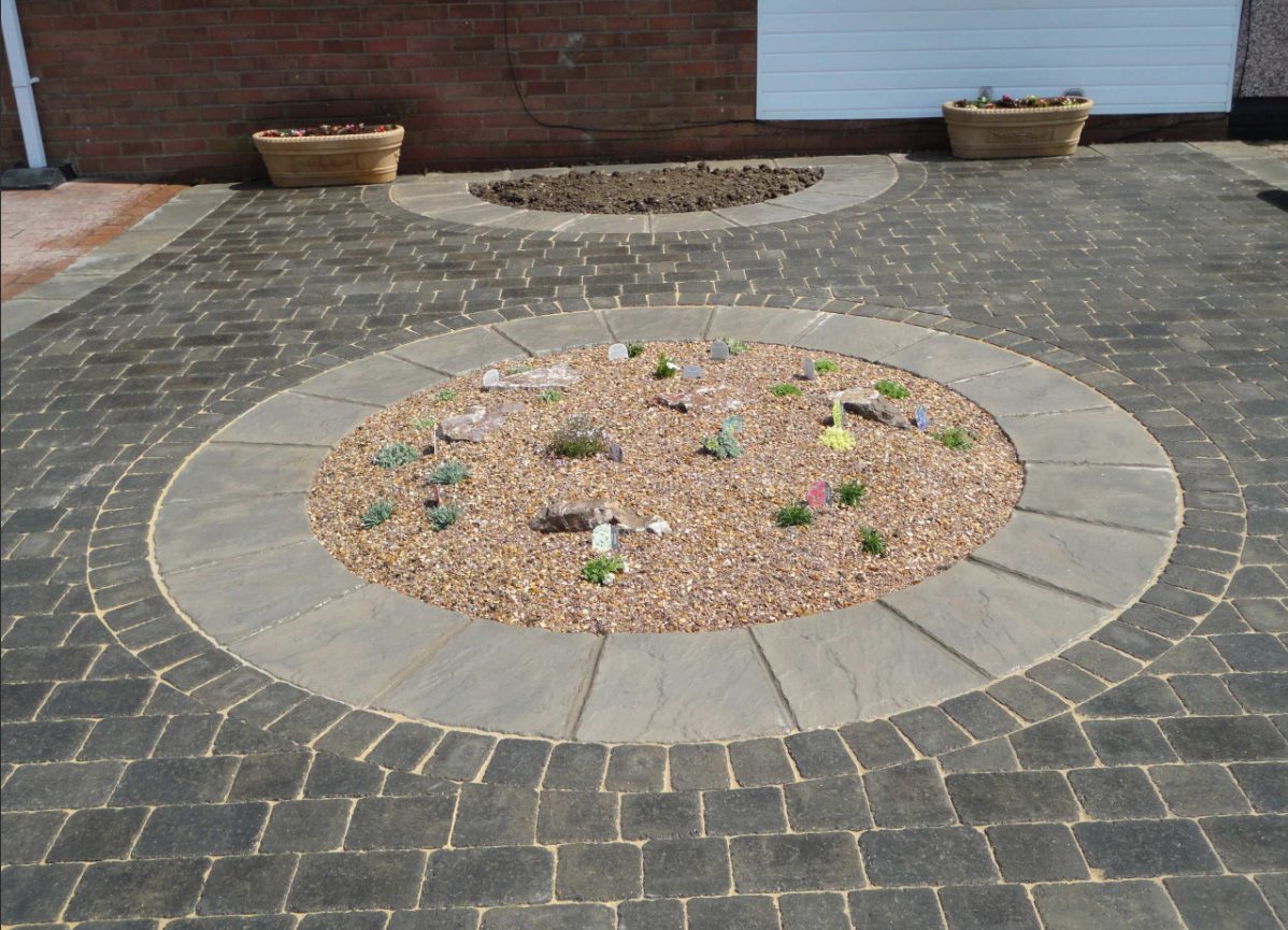 Rumbled Block in Charcoal, Cathedral Radius Paving in weathered Moss